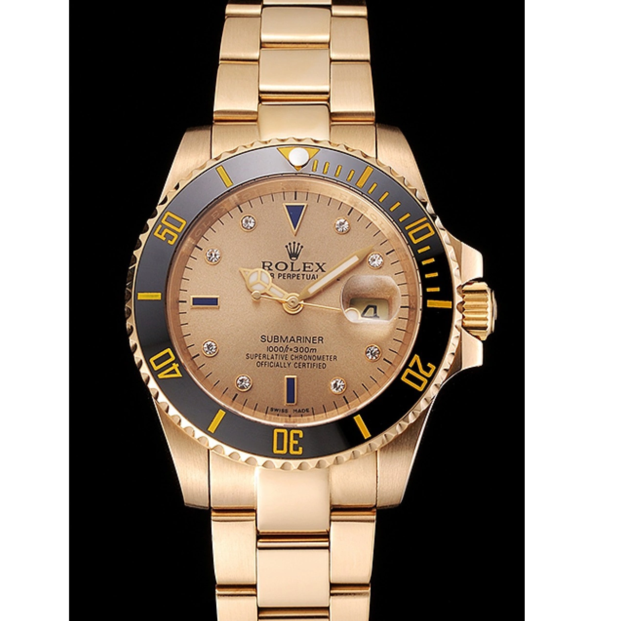 MiroTime 0810 Swiss Rolex Submariner Gold Dial With Diamond Markings Black Bezel Yellow Gold Case And Bracelet